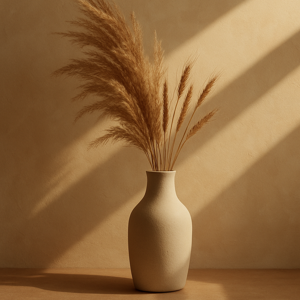 Dried botanicals in a ceramic vase lit by soft afternoon light